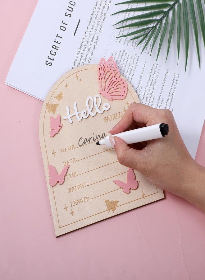 Ajcotahm Hello World Newborn Sign, 5.83 × 6.97 Inch Pink Butterfly Baby Announcement Sign Wooden Birth Welcome Board for Newborn Boys Girls Photo Props Baby Shower Hospital Nursery - Image 4